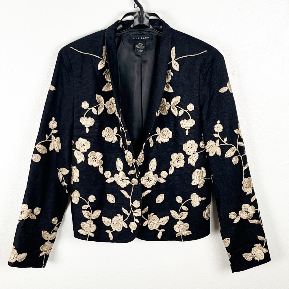 SILK LAND 100% Silk Black Gold Floral Lined Long Sleeves Blazer, Size Small